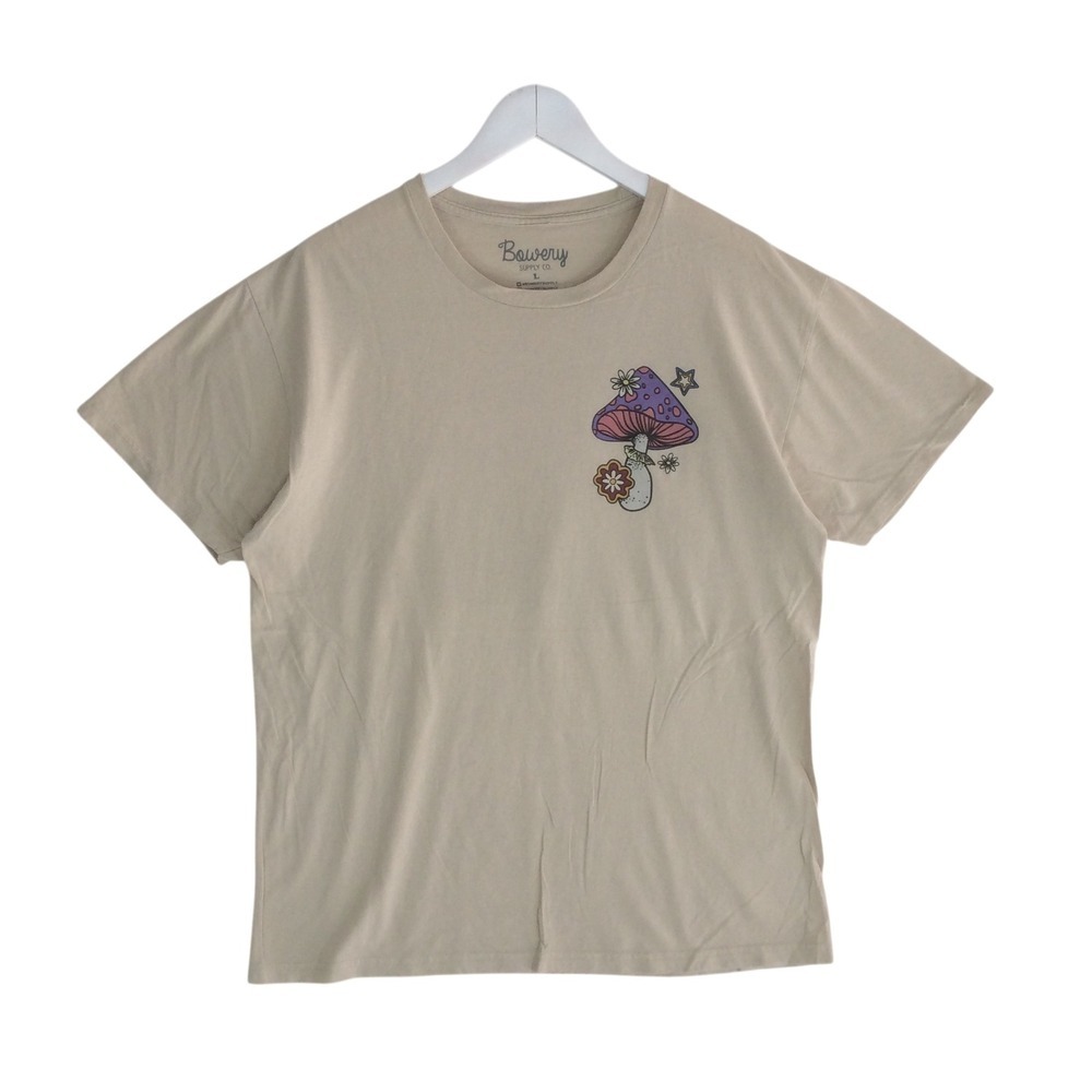 Bowery Supply Co Mens Mushroom Graphic T-Shirt Tan Cotton Large Psychedelic Tee